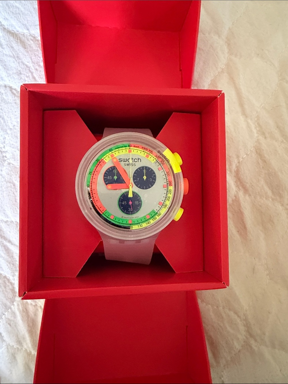 Swatch Translucent Pink Chronograph with Neon Yellow, Orange & Lime Accents